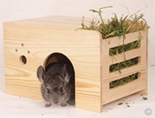 A chinchilla house made from untreated natural pinewood with a hay rack included on the side to save cage space. 